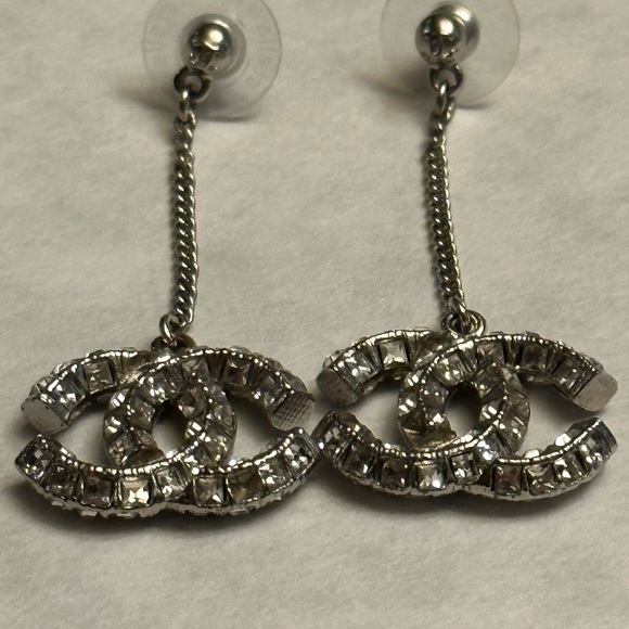 Authentic Chanel Crystal Chain CC Logo Dangle Drop Earrings - Picture 10 of 12